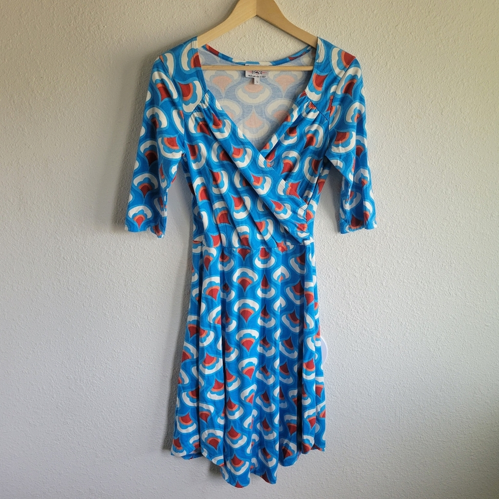 Blue Platypus Blue Red and White Faux Wrap Dress Womens Size S Made In USA